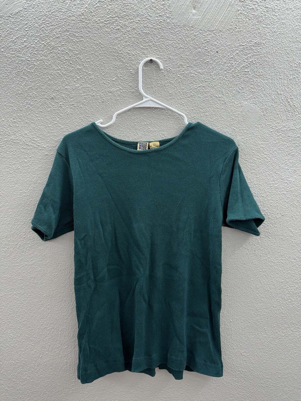 North West Blue Womens Shirt Size Large Green Ribbed Short Sleeve